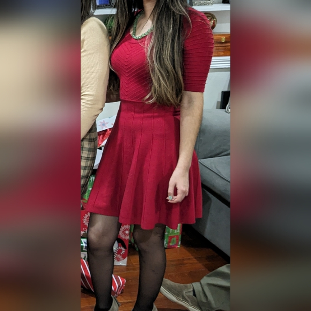 Candie's Fitted Knit Mini Dress Sweater Dress Skater Dress Red XS
